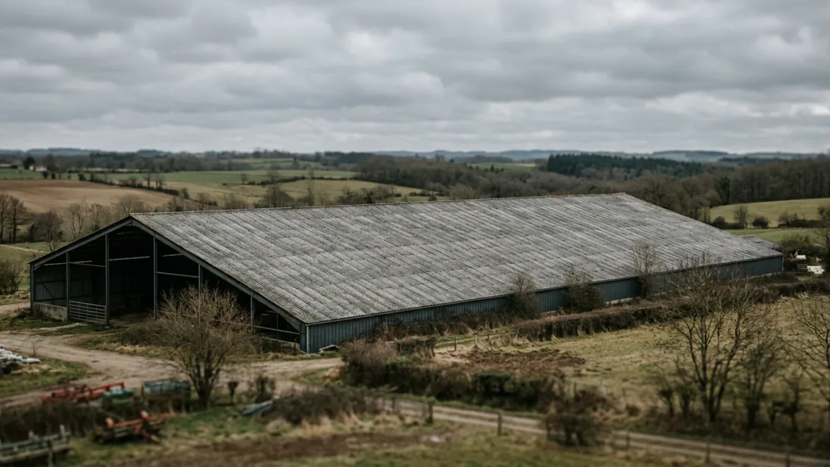 Toiture ondulée grise d’un hangar agricole vue de loin sous un ciel couvert