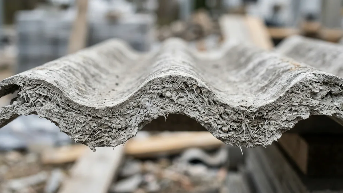 Tranche cassée d’une plaque ondulée grise laissant voir une texture fibreuse