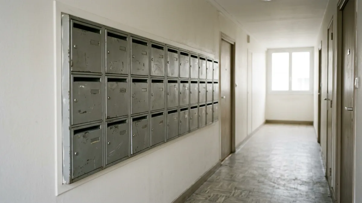 Couloir d’immeuble collectif avec une rangée de boîtes aux lettres métalliques