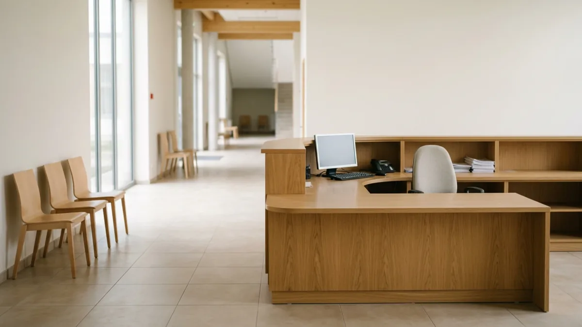 Guichet d’accueil vide dans un hall administratif clair avec des chaises en bois