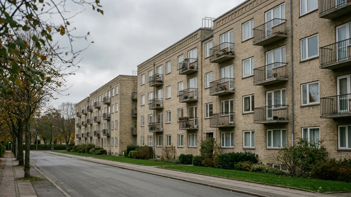 Rangée d’immeubles de logements sociaux en briques claires avec des balcons