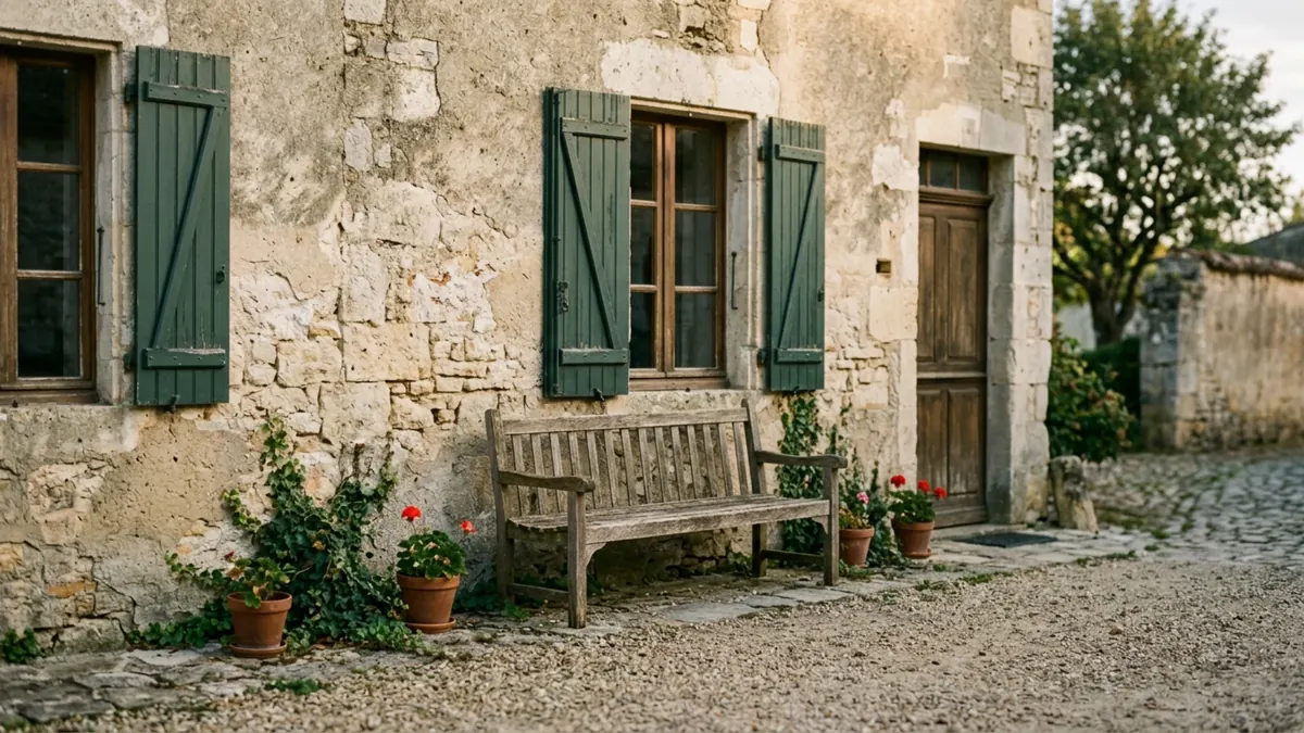 Banc en bois devant une maison ancienne en pierre aux volets fermés