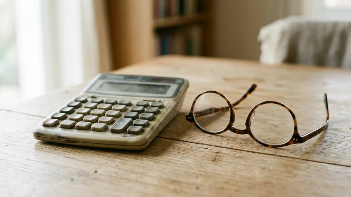 Calculatrice à touches usées et paire de lunettes posées sur une table en bois