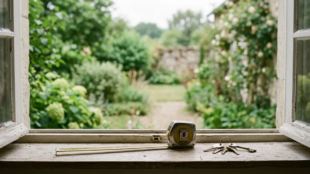 Mètre ruban déroulé et trousseau de clés sur le rebord d’une fenêtre ouverte sur un jardin