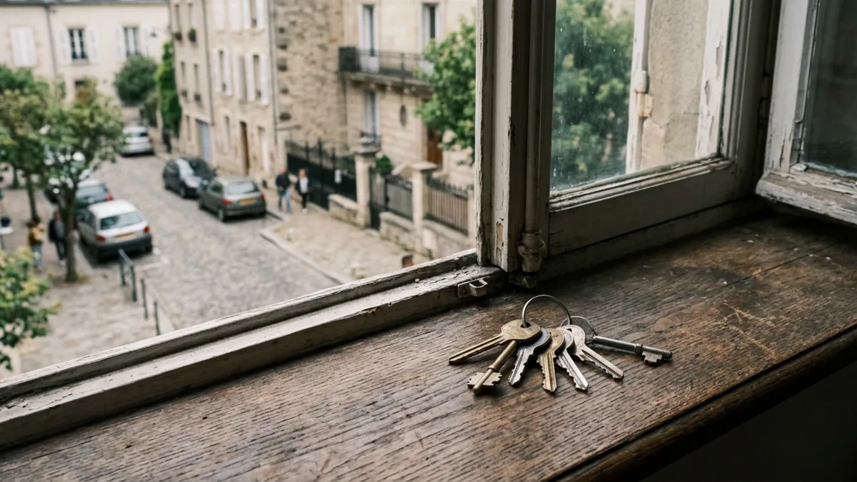 Trousseau de clés posé sur le rebord en bois d’une fenêtre d’appartement ancien