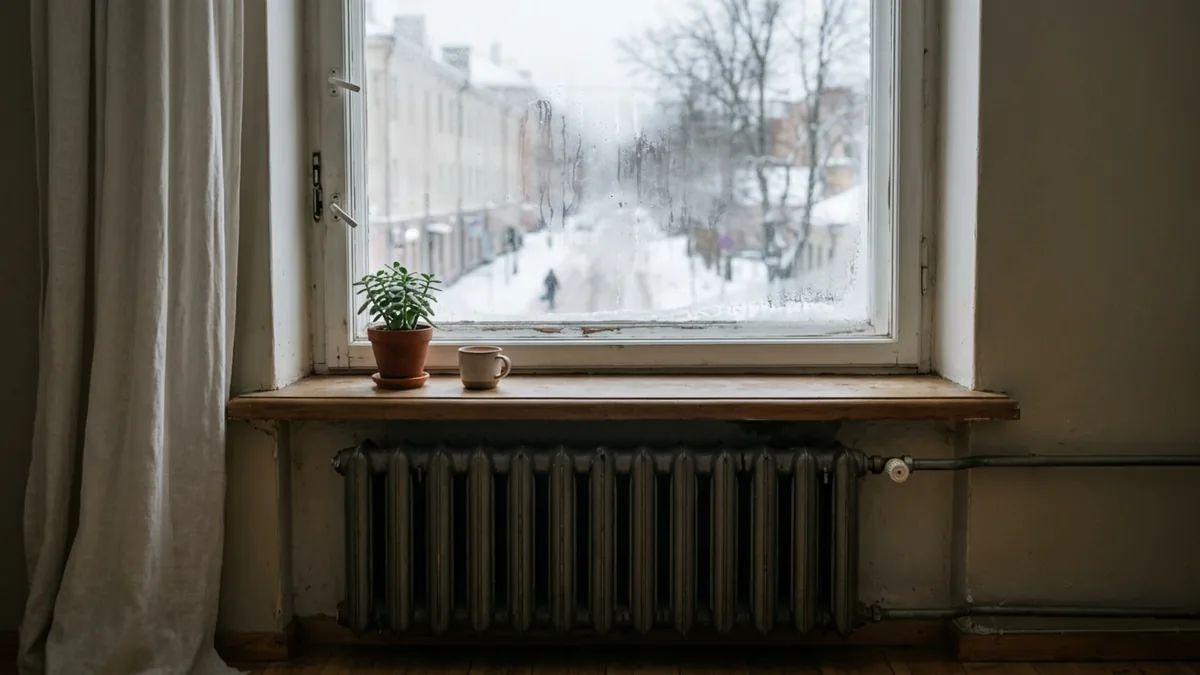 Fenêtre d’appartement en hiver avec un radiateur en fonte sous l’appui