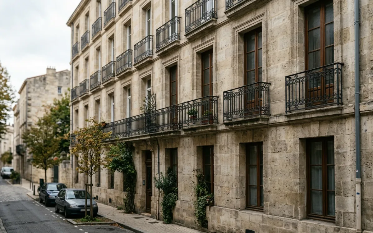 Façade en pierre d’un immeuble d’habitation avec balcons en fer forgé dans une rue calme