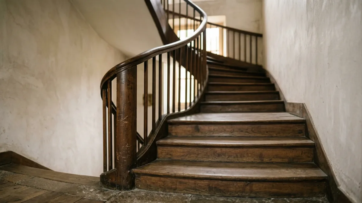 Cage d’escalier intérieure en bois vue depuis le bas dans une maison ancienne