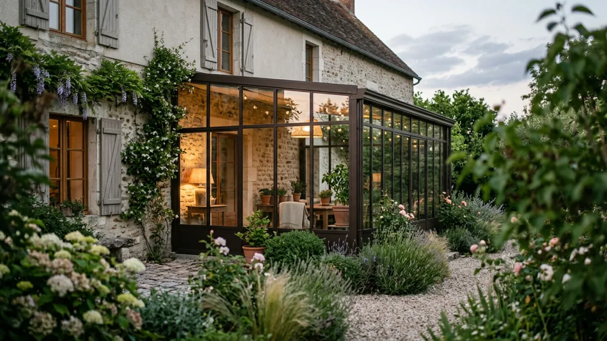 Véranda vitrée accolée à une maison en pierre, vue depuis le jardin