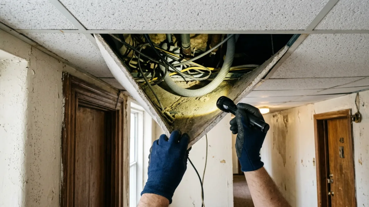 Technicien inspectant une dalle de faux plafond lors d'un repérage amiante des parties privatives
