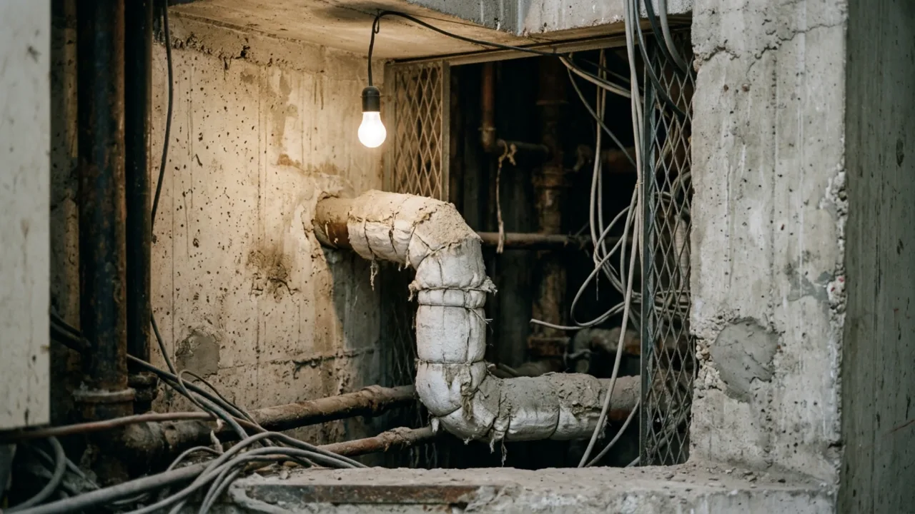 Canalisation ancienne entourée d'un calorifugeage dans une gaine technique d'immeuble parisien