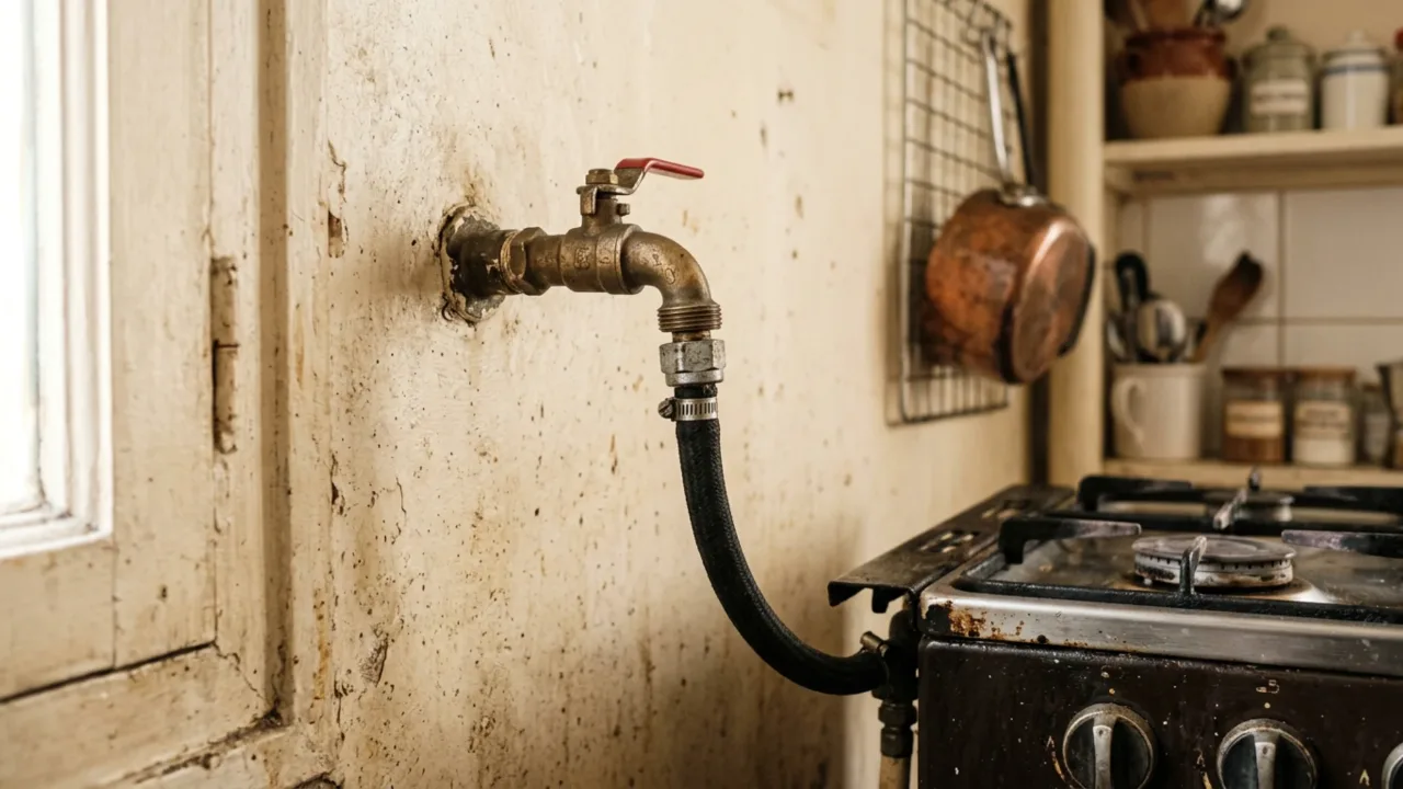Gros plan sur un robinet de gaz et un tuyau souple raccordés à une cuisinière