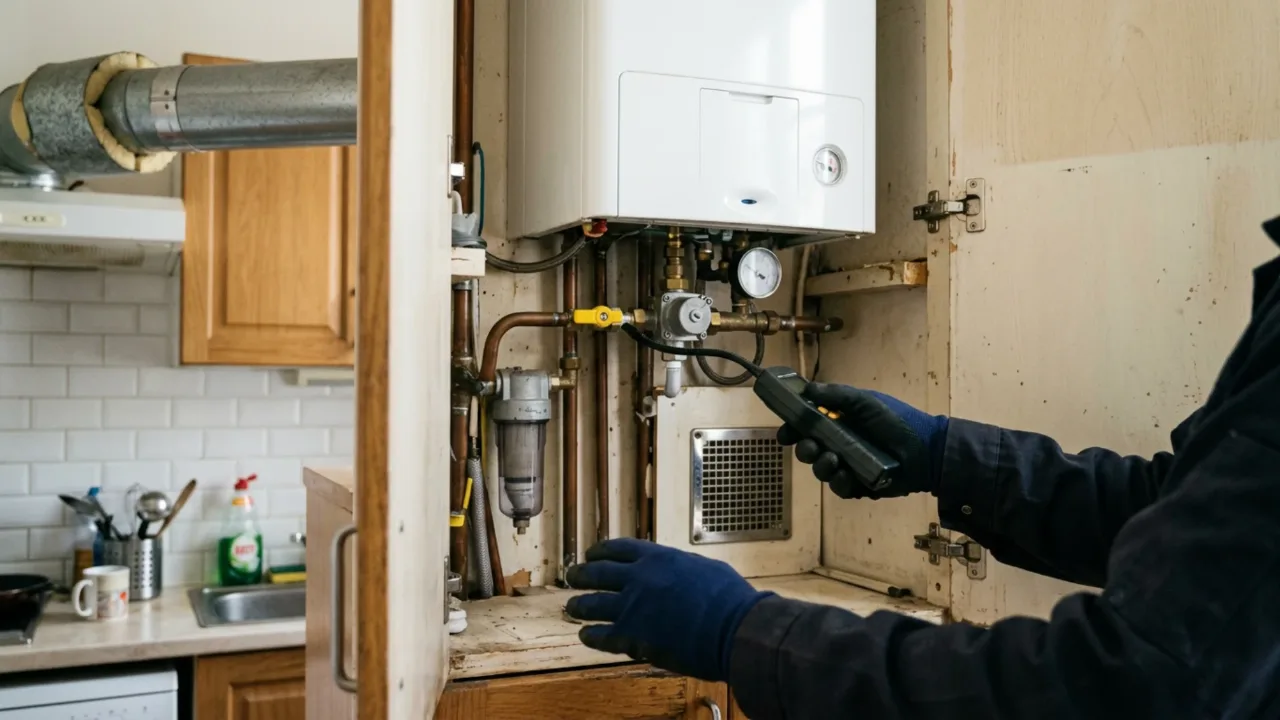 Technicien vérifiant une chaudière murale à gaz et sa ventilation dans un appartement parisien