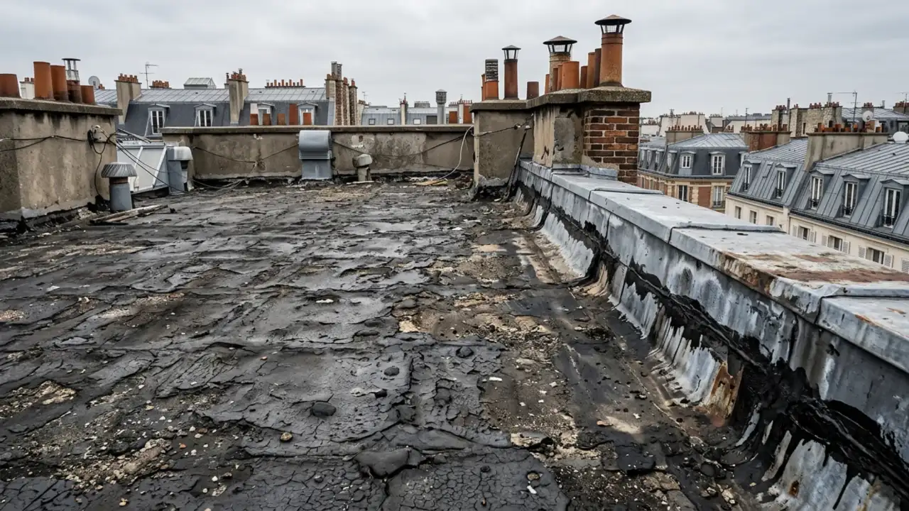 Ancienne étanchéité bitumineuse craquelée sur une toiture-terrasse d'immeuble parisien avant réfection