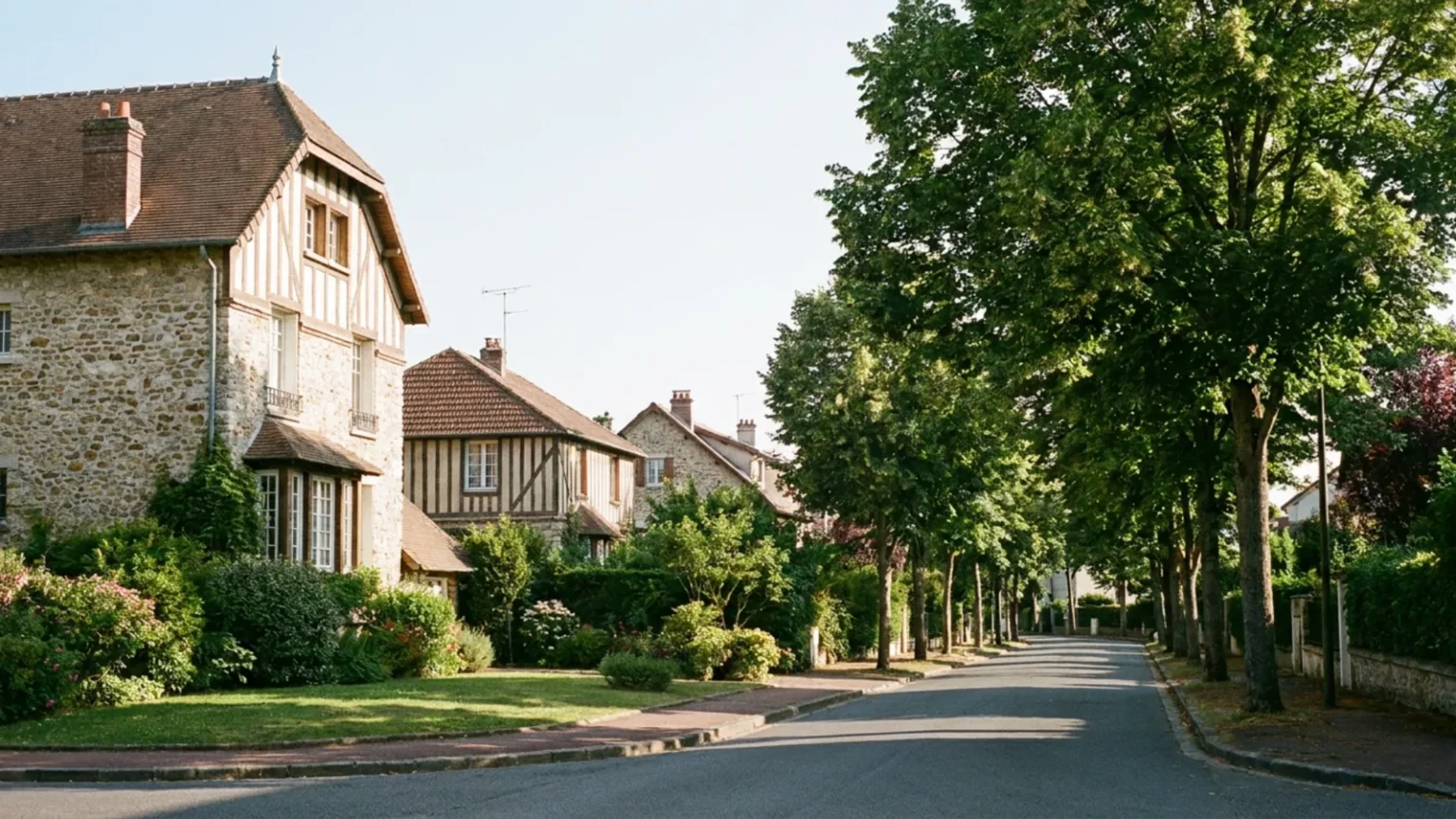Quartier pavillonnaire de l'Essonne avec maisons individuelles et jardins