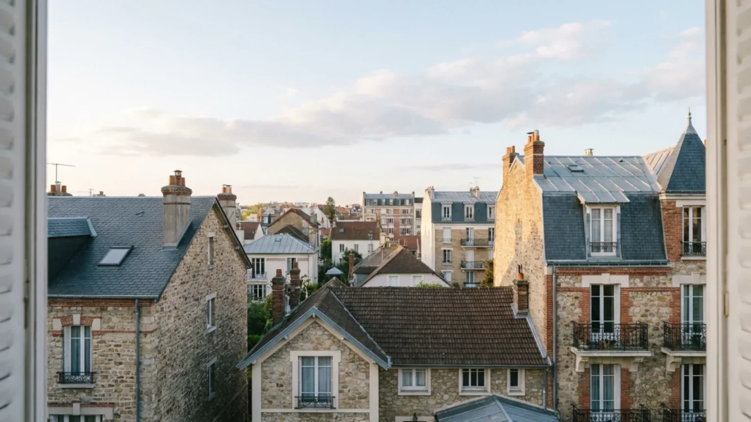 Toits et façades d'une ville résidentielle d'Île-de-France vus depuis une fenêtre
