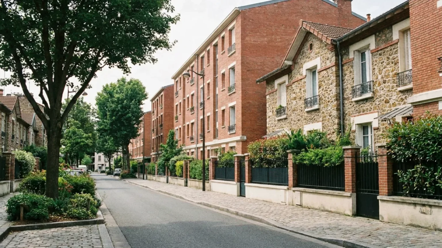 Rue de Seine-Saint-Denis avec immeubles en brique et maisons en meulière