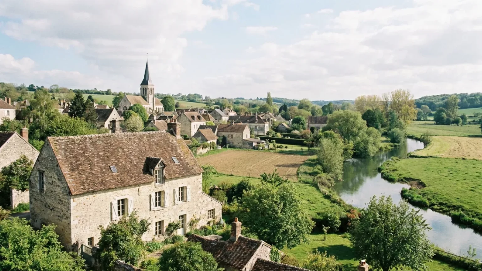 Village du Val-d'Oise avec maisons en pierre, clocher et rivière