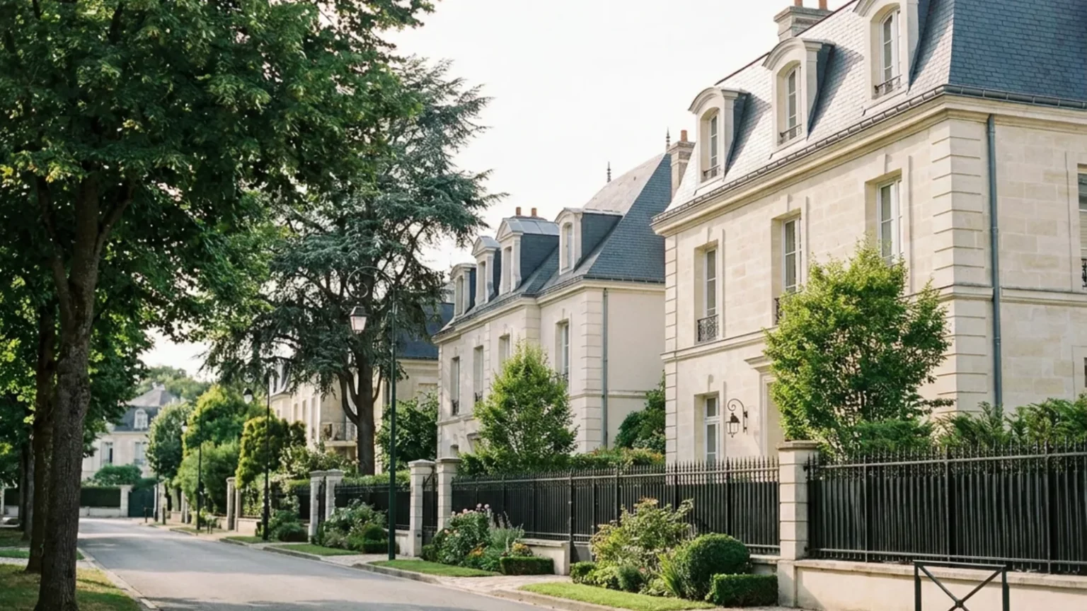 Maisons bourgeoises en pierre aux toits d'ardoise dans une rue arborée des Yvelines