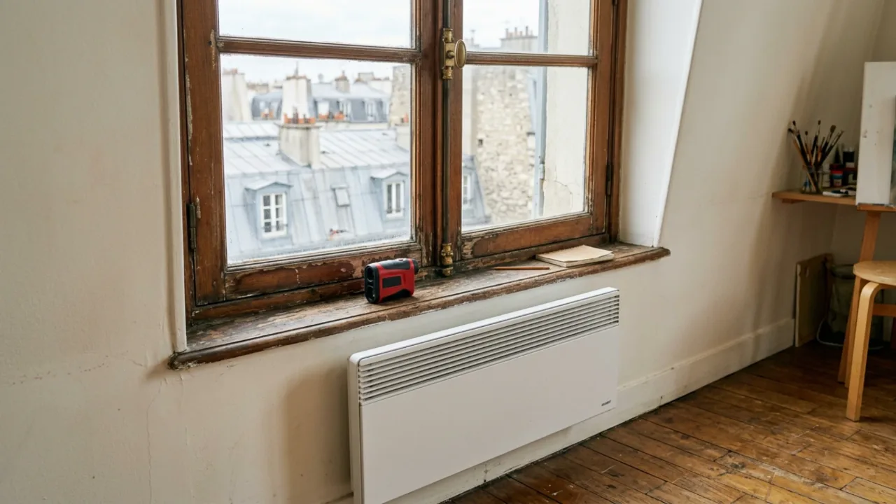 Diagnostiqueur mesurant une fenêtre ancienne dans un studio parisien chauffé à l'électricité