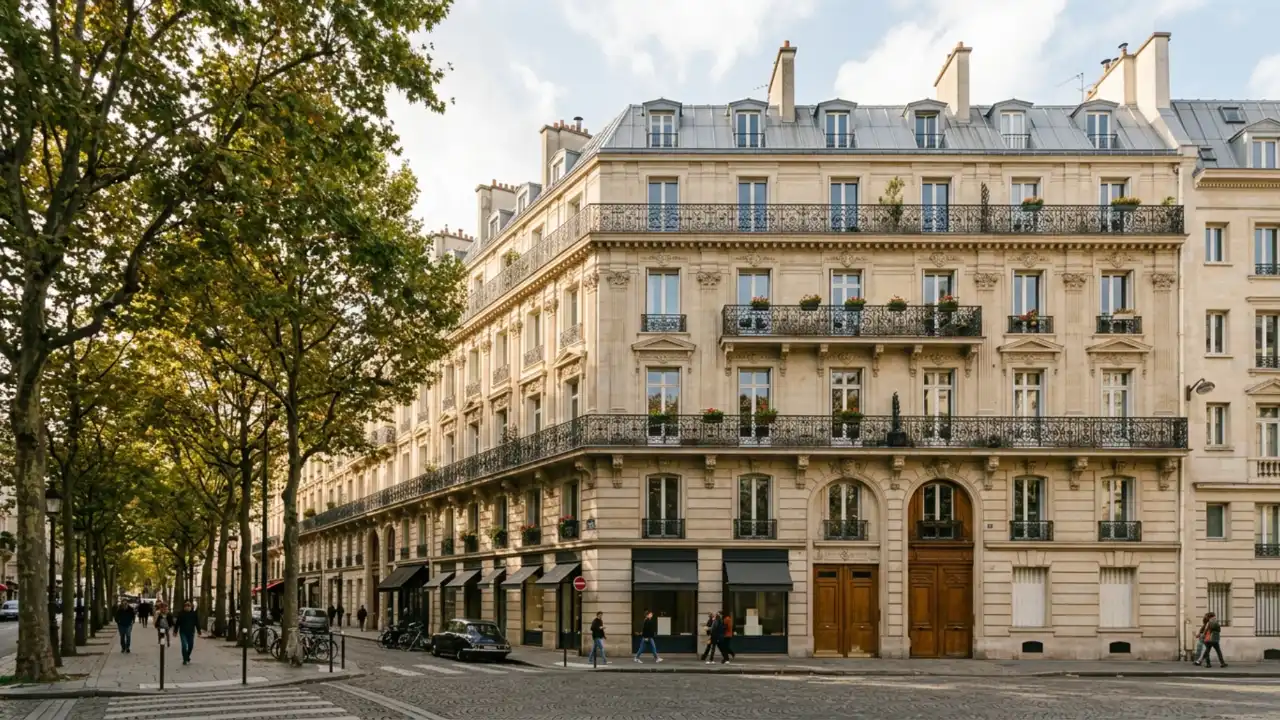 Façade d’immeuble haussmannien avec balcons filants dans une rue de Paris