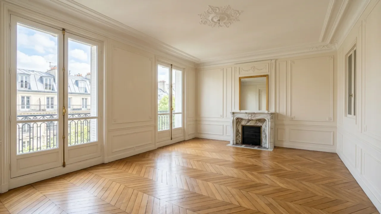 Salon vide d’un appartement parisien ancien prêt à être mis en vente