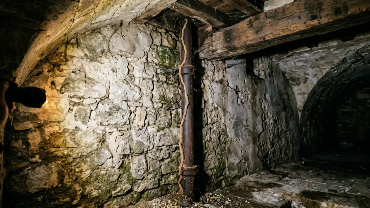 Cordonnet de terre de termites souterrains le long d'une canalisation dans une cave parisienne