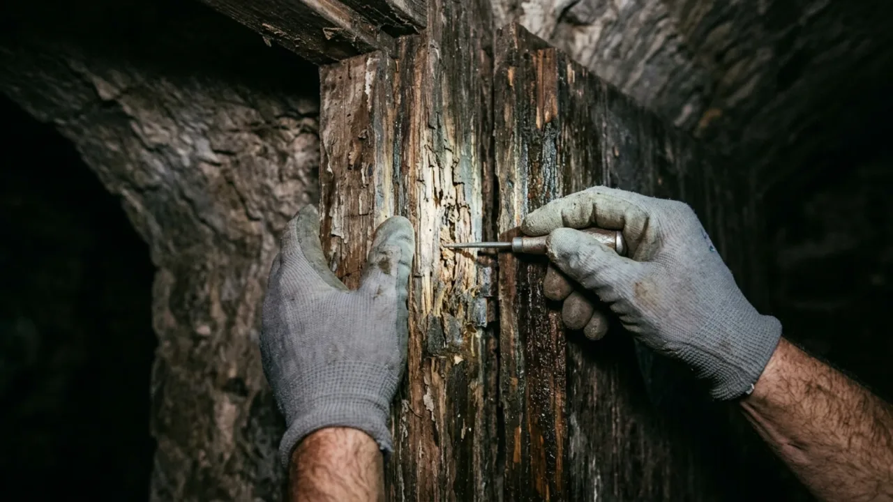 Mains d'un diagnostiqueur sondant au poinçon un chambranle en bois de cave d'immeuble haussmannien