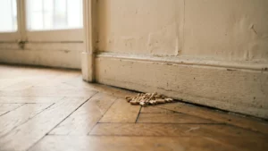 Petit tas de granulés réguliers au pied d'une plinthe ancienne dans un appartement parisien