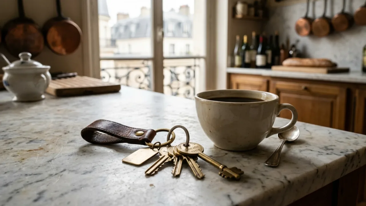 Clés d’un appartement parisien posées près d’une tasse avant la vente du bien