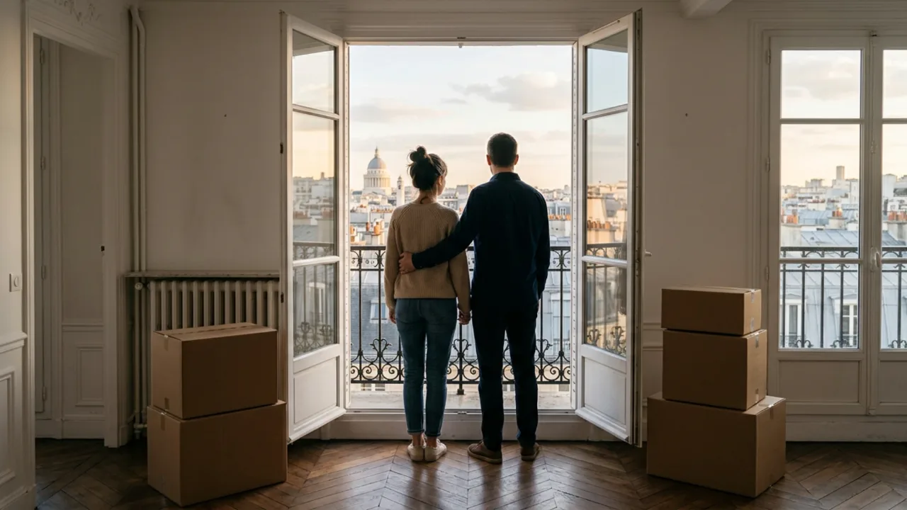 Propriétaires regardant les toits de Paris depuis leur appartement vide avant de le vendre