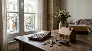 Calculatrice, clés et maquette de maison sur une table pour estimer une plus-value immobilière
